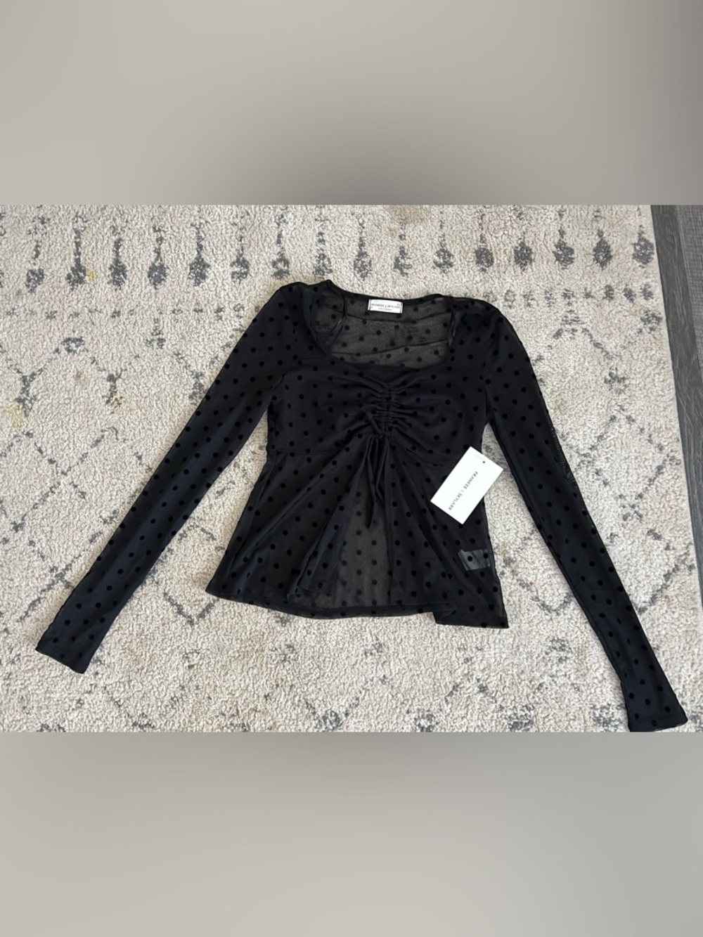Frankee & Skylarr Black Polka Dot Mesh Sheer Ruched Front Long Sleeve Top